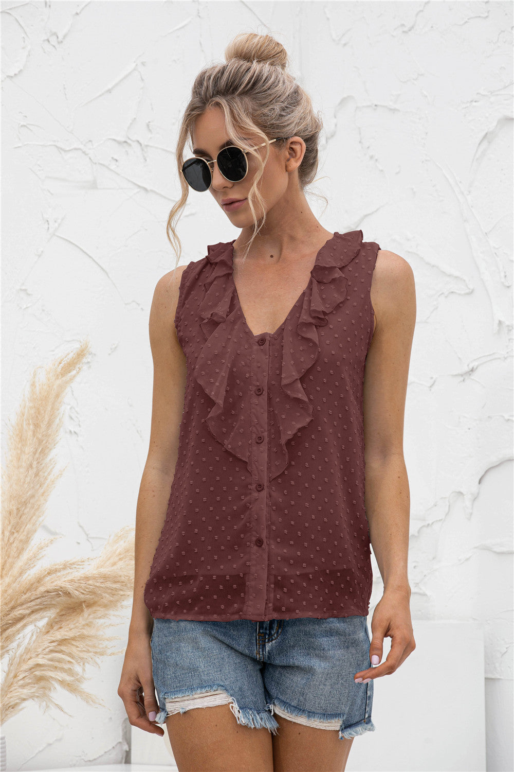 Swiss dot ruffled wide strap tank, opaque and slightly stretchy.