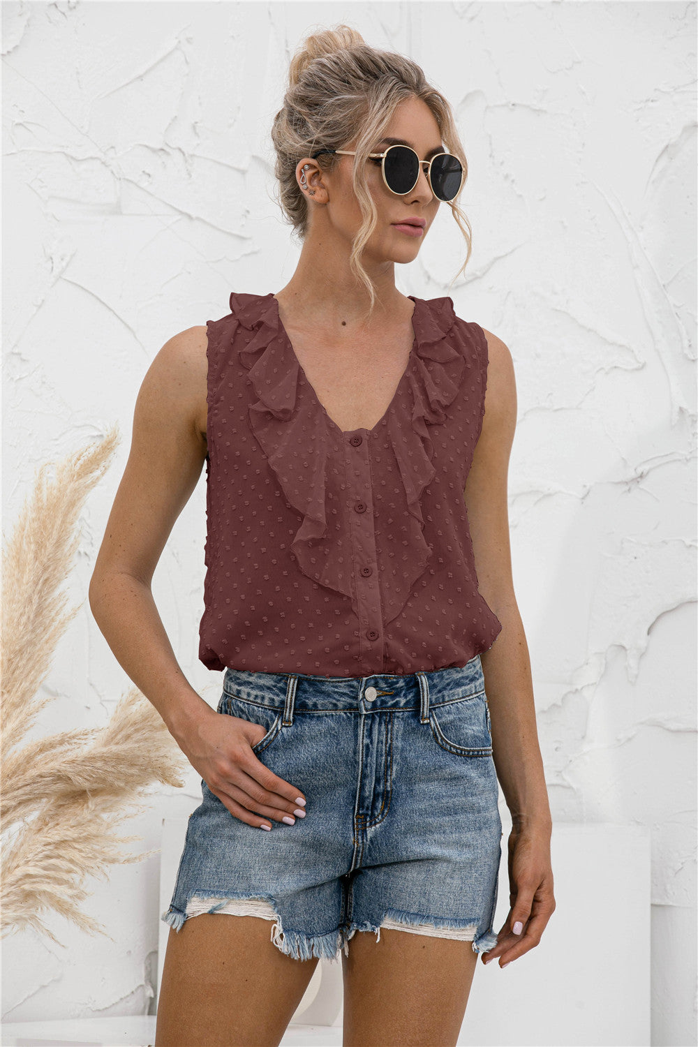 Swiss dot ruffled wide strap tank, opaque and slightly stretchy.