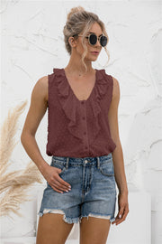 Swiss dot ruffled wide strap tank, opaque and slightly stretchy.