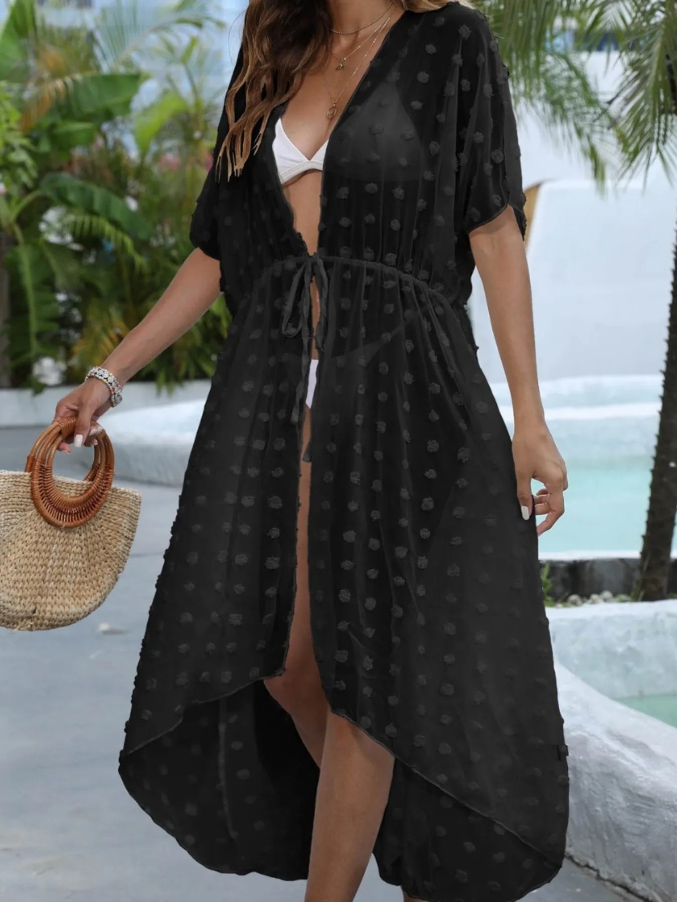 Swiss Dot Sheer Beach Cover Up Maxi Dress with Split and Tie.