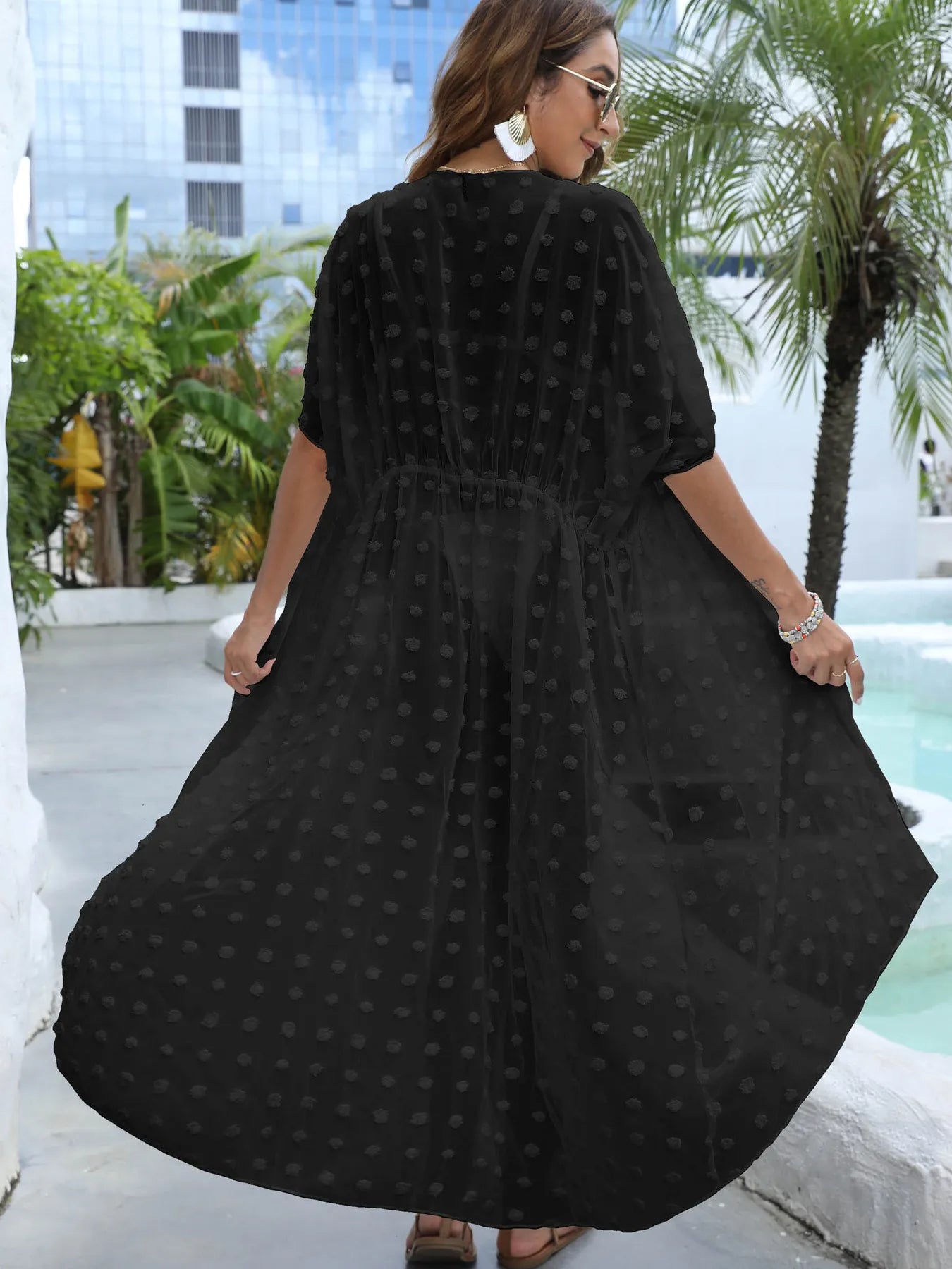 Swiss Dot Sheer Beach Cover Up Maxi Dress with Split and Tie.