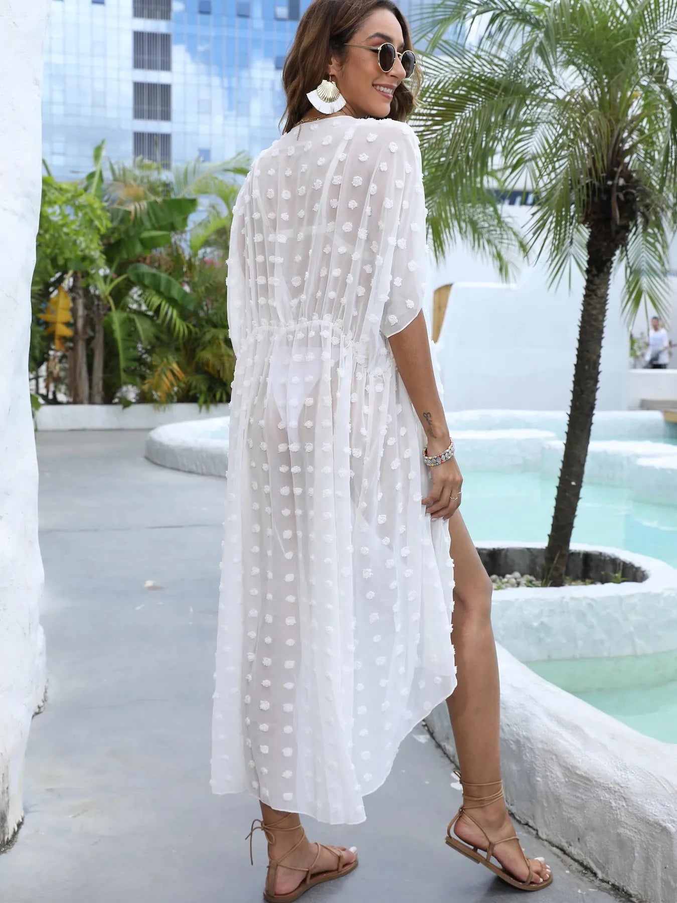 Swiss Dot Sheer Beach Cover Up Maxi Dress with Split and Tie.