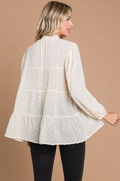 Culture Code Full Size Swiss Dot Smocked Mock Neck Blouse.