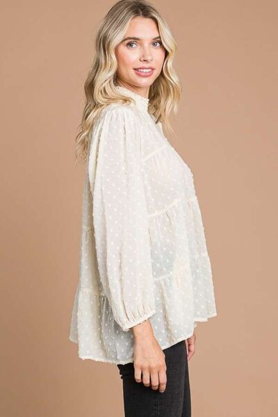 Culture Code Full Size Swiss Dot Smocked Mock Neck Blouse.