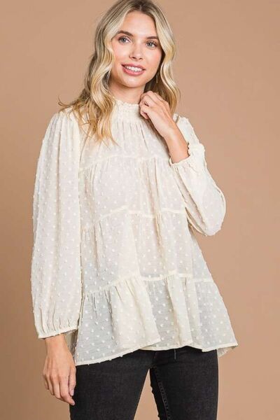 Culture Code Full Size Swiss Dot Smocked Mock Neck Blouse.