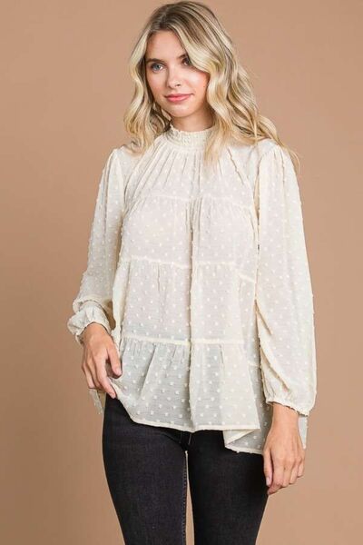 Culture Code Full Size Swiss Dot Smocked Mock Neck Blouse.