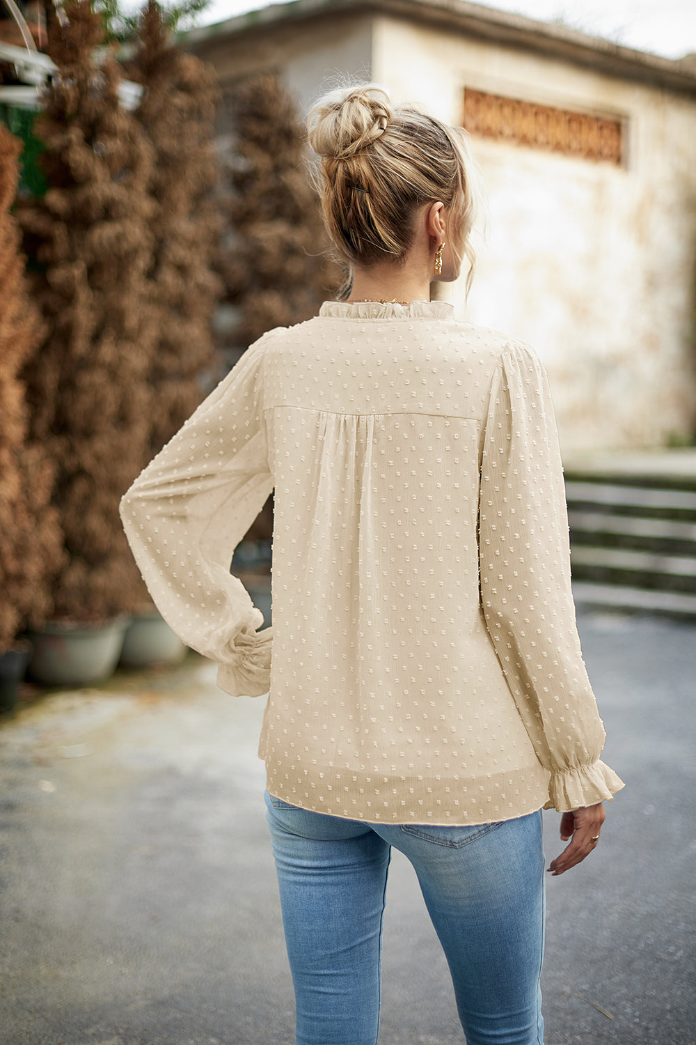 Devine Swiss Dot Smocked Shoulder Blouse.