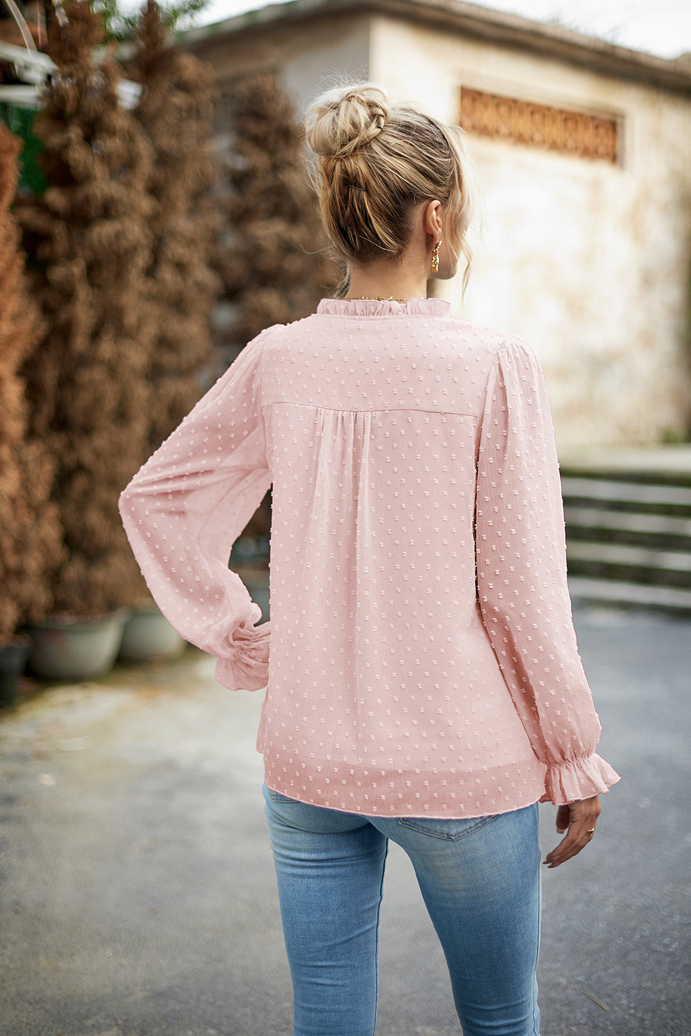 Devine Swiss Dot Smocked Shoulder Blouse.