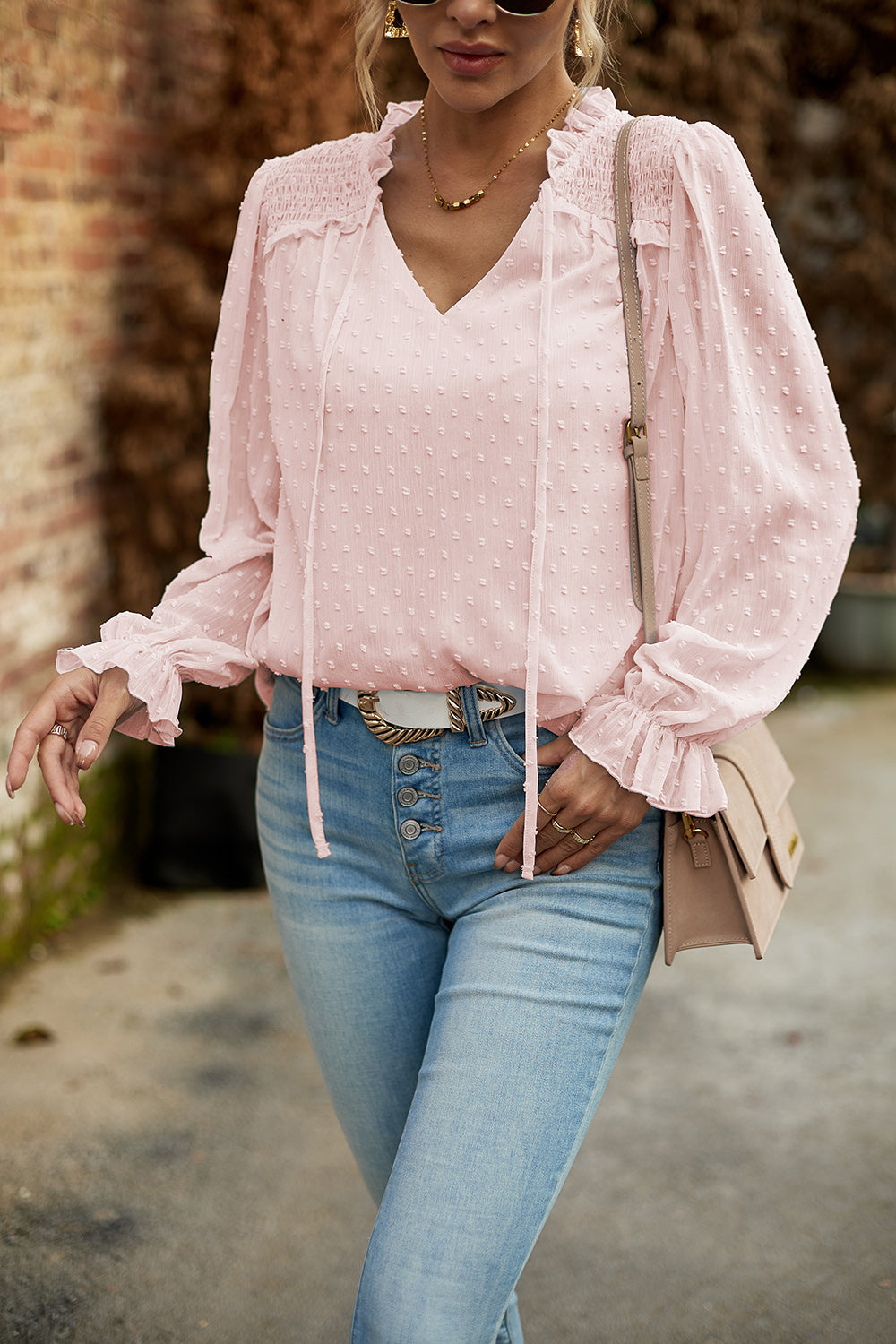 Devine Swiss Dot Smocked Shoulder Blouse.