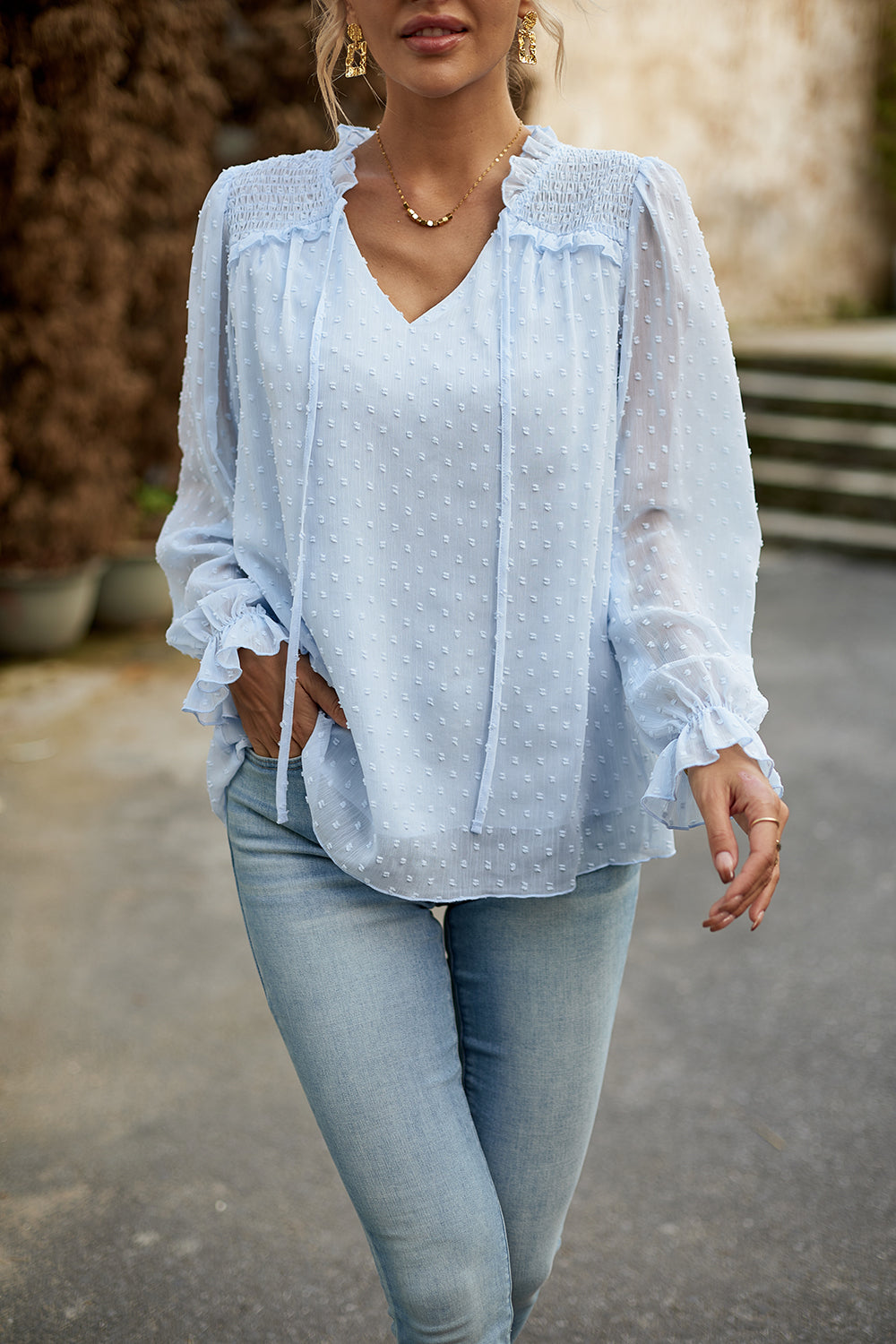 Devine Swiss Dot Smocked Shoulder Blouse.