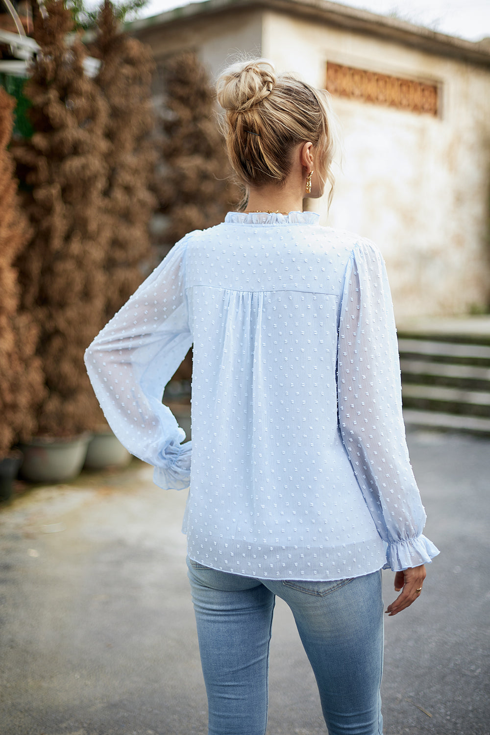 Devine Swiss Dot Smocked Shoulder Blouse.