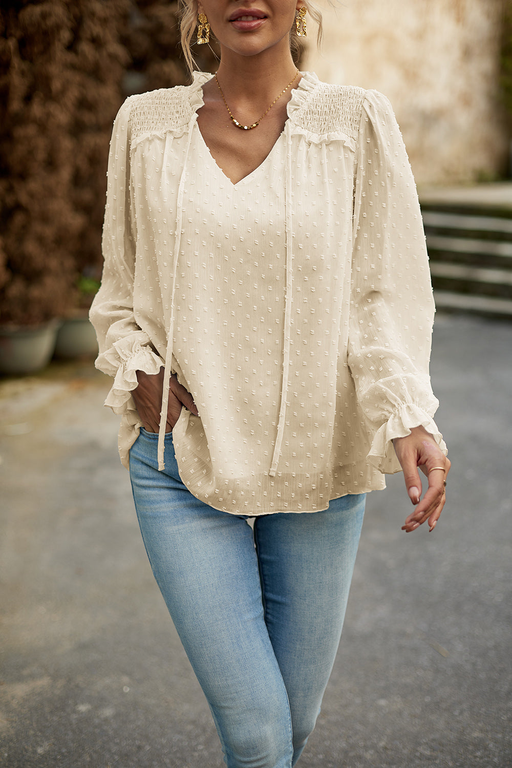 Devine Swiss Dot Smocked Shoulder Blouse.