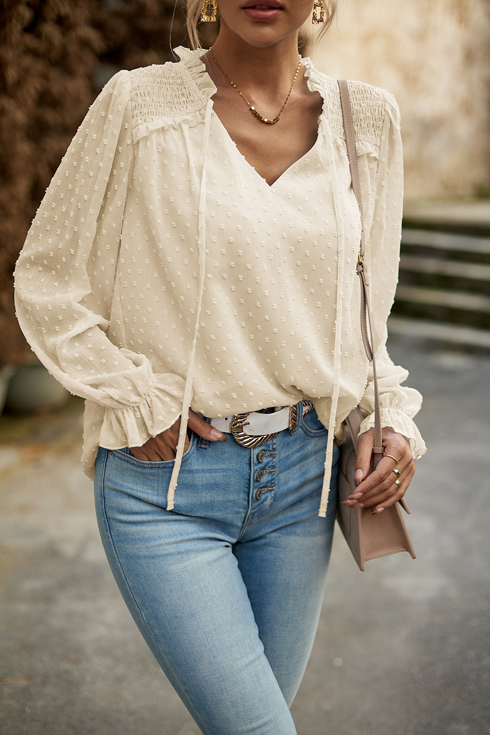 Devine Swiss Dot Smocked Shoulder Blouse.