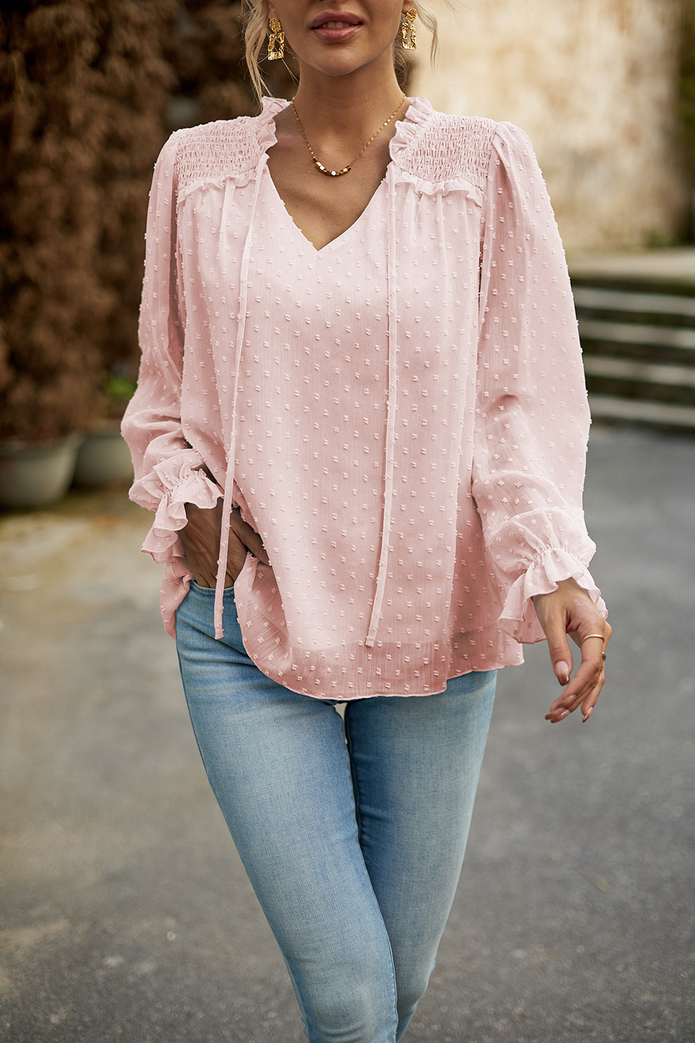 Devine Swiss Dot Smocked Shoulder Blouse.