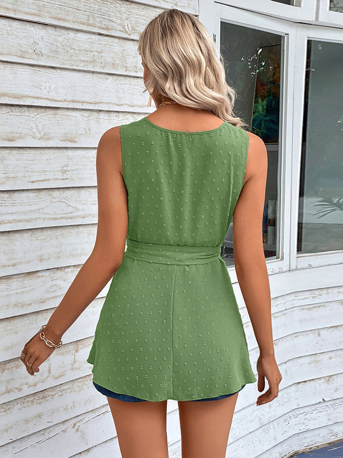 Swiss dot tie waist tank top, opaque.