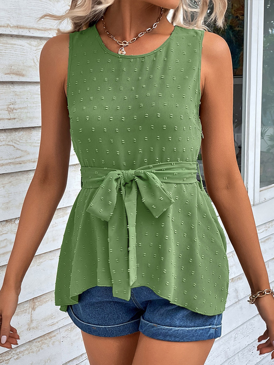 Swiss dot tie waist tank top, opaque.