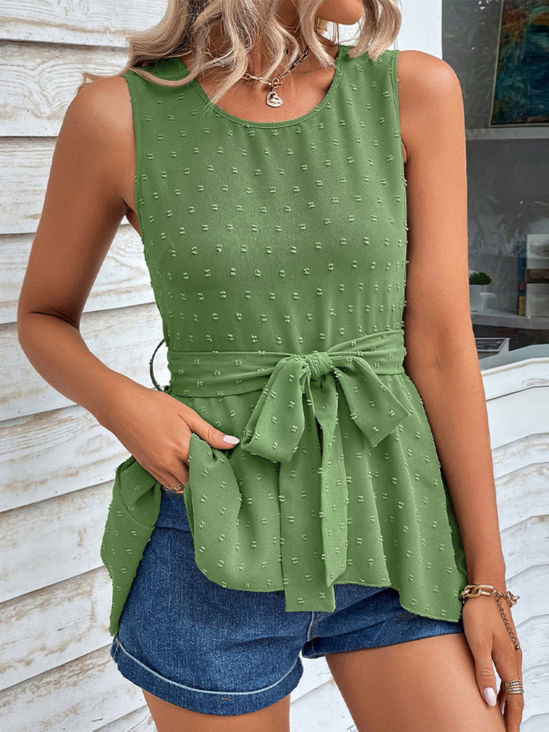 Swiss dot tie waist tank top, opaque.