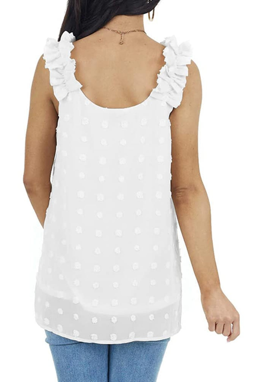 Full size Swiss dot V-neck tank, opaque.