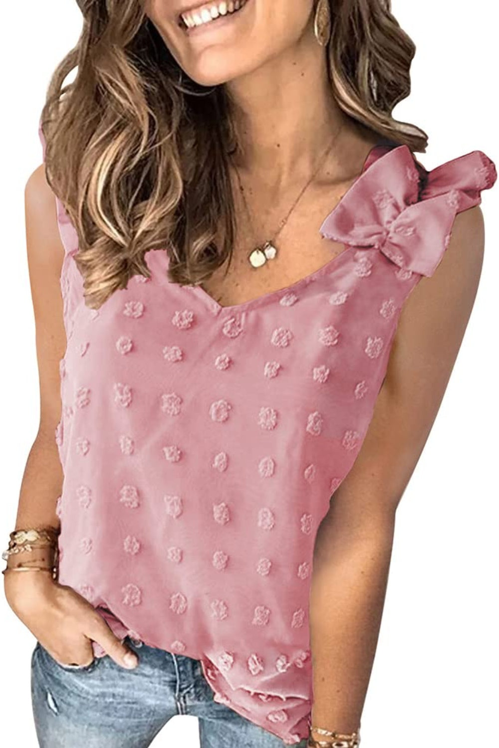Full size Swiss dot V-neck tank, opaque.