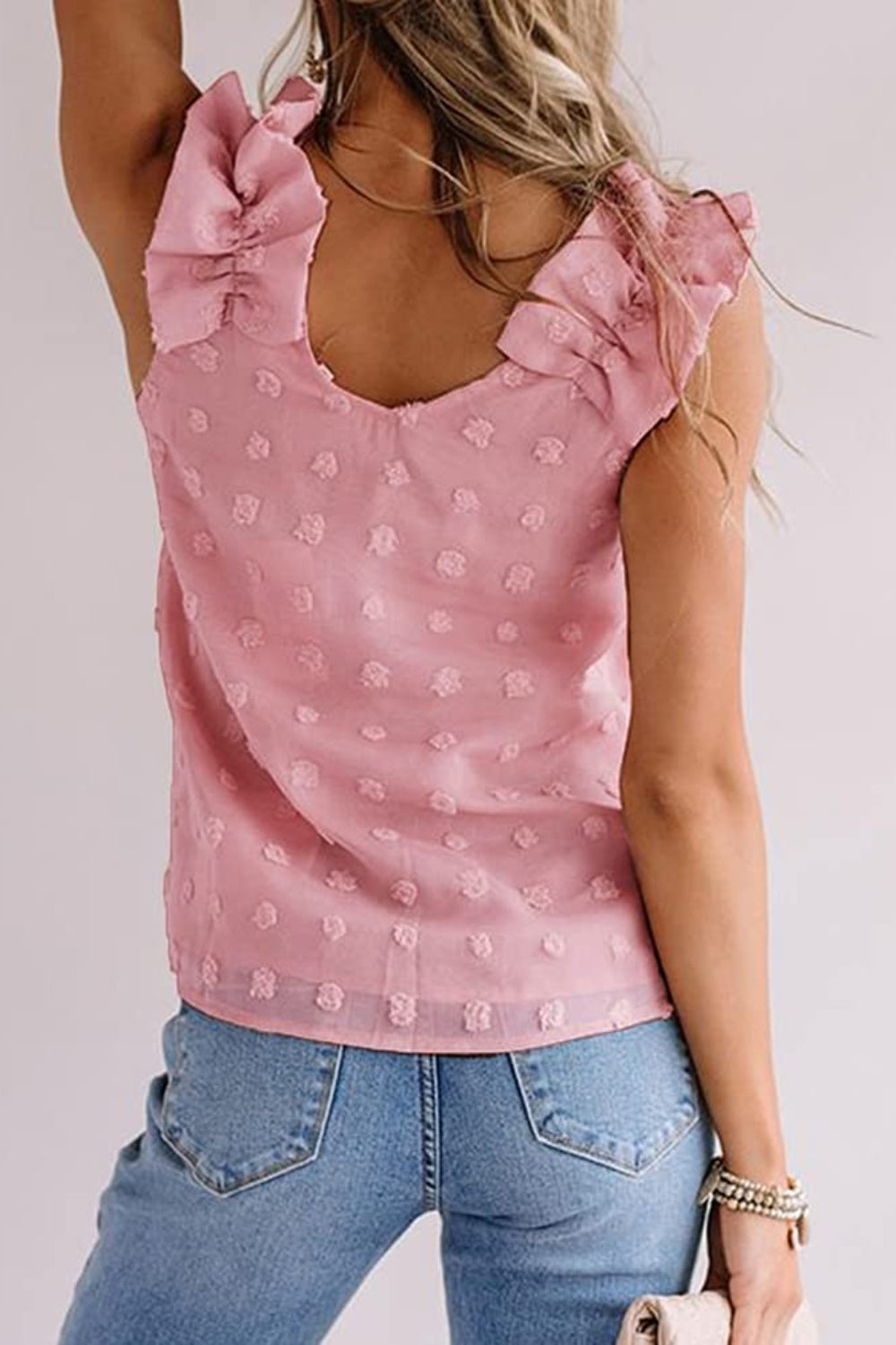 Full size Swiss dot V-neck tank, opaque.