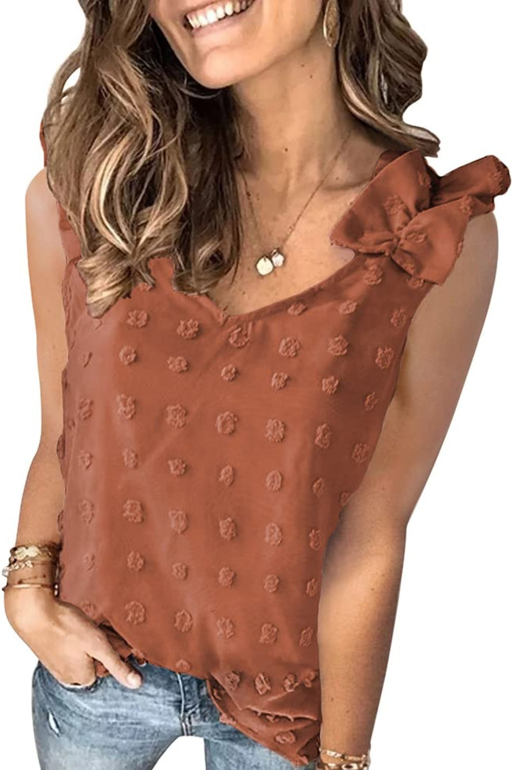 Full size Swiss dot V-neck tank, opaque.