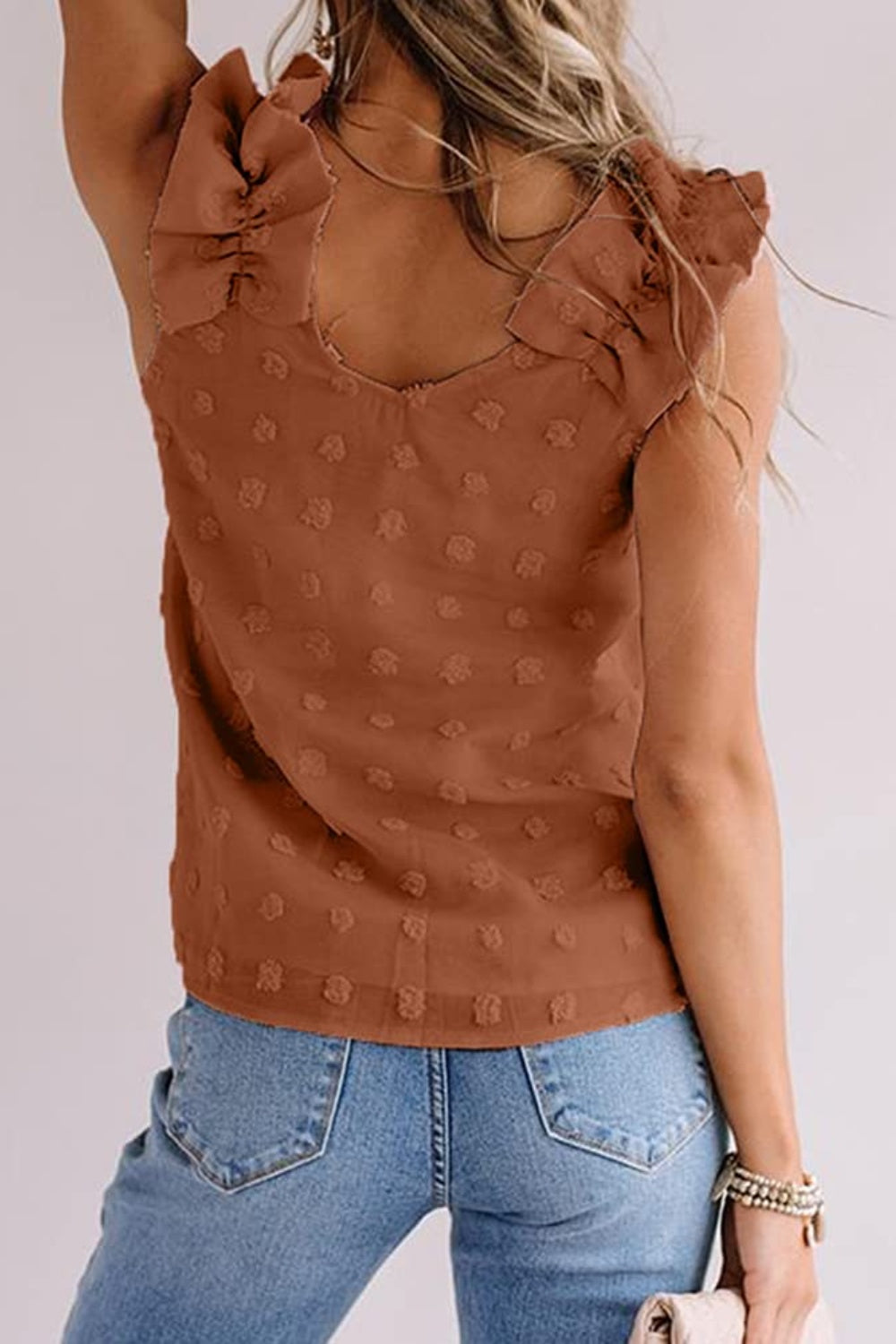 Full size Swiss dot V-neck tank, opaque.