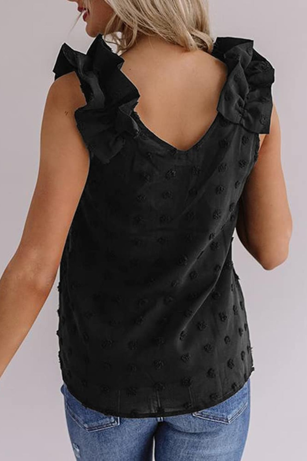 Full size Swiss dot V-neck tank, opaque.