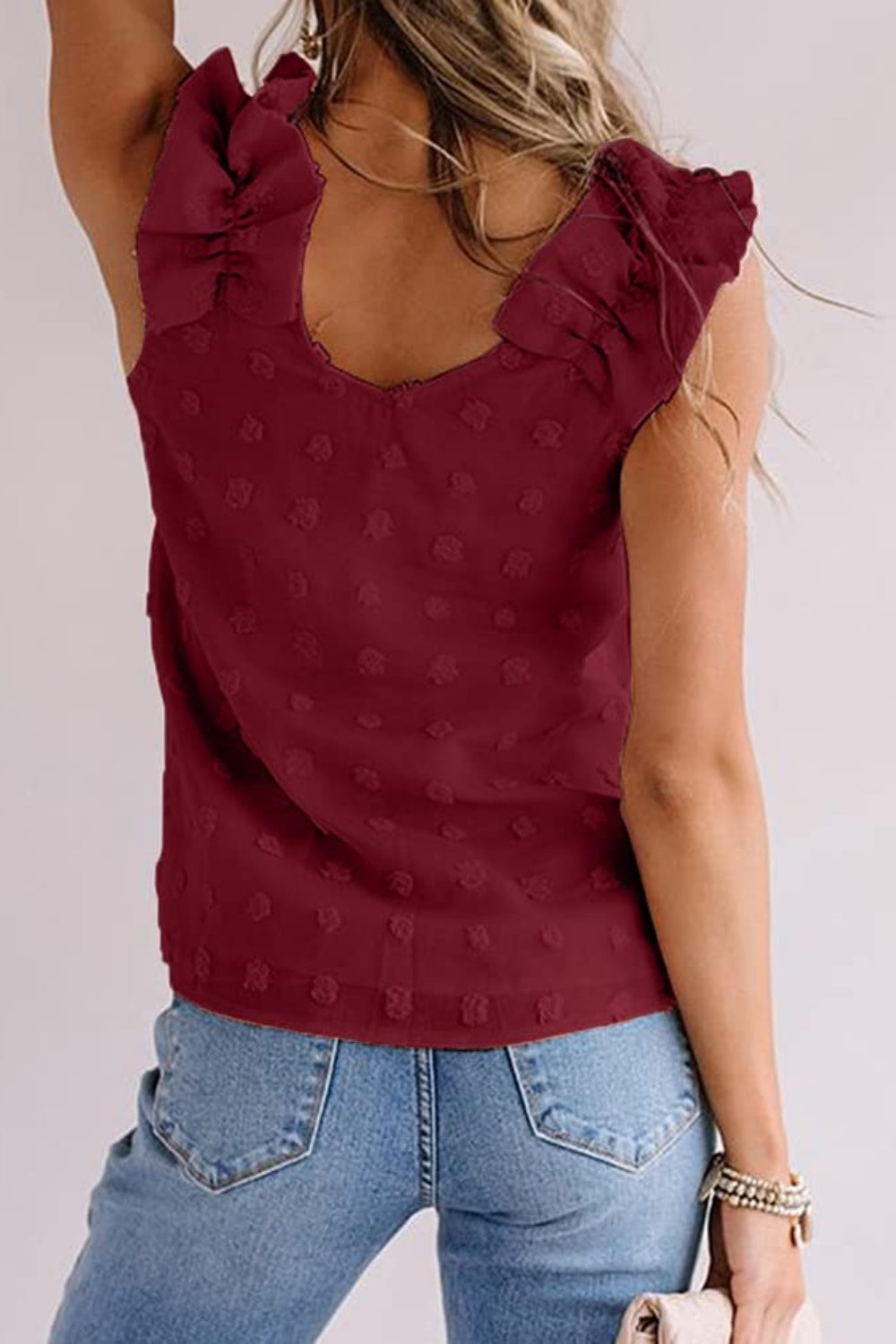 Full size Swiss dot V-neck tank, opaque.