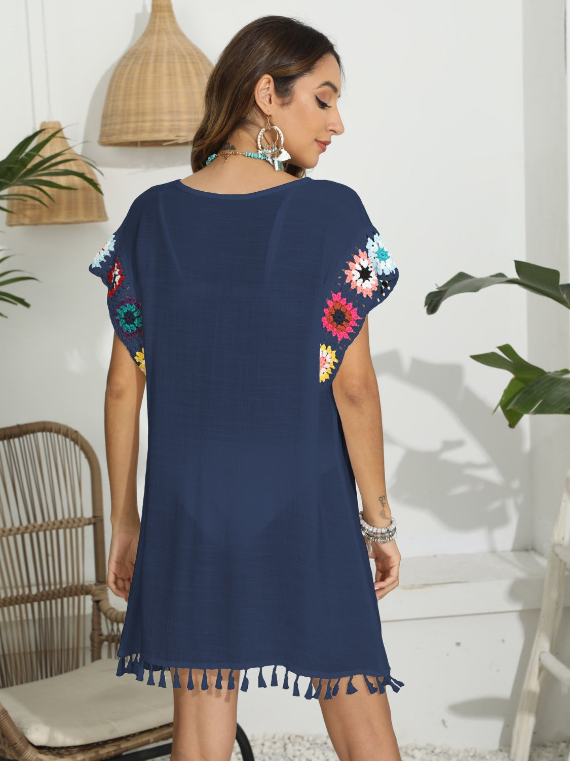 Tassel Boat Neck Flutter Sleeve Cover Up.