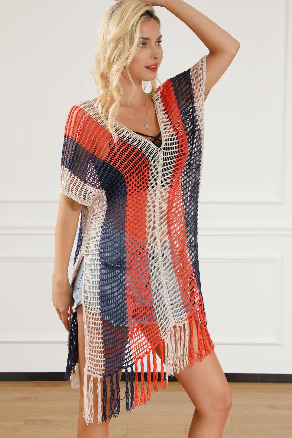 Tassel Color Block V-Neck Cover Up.