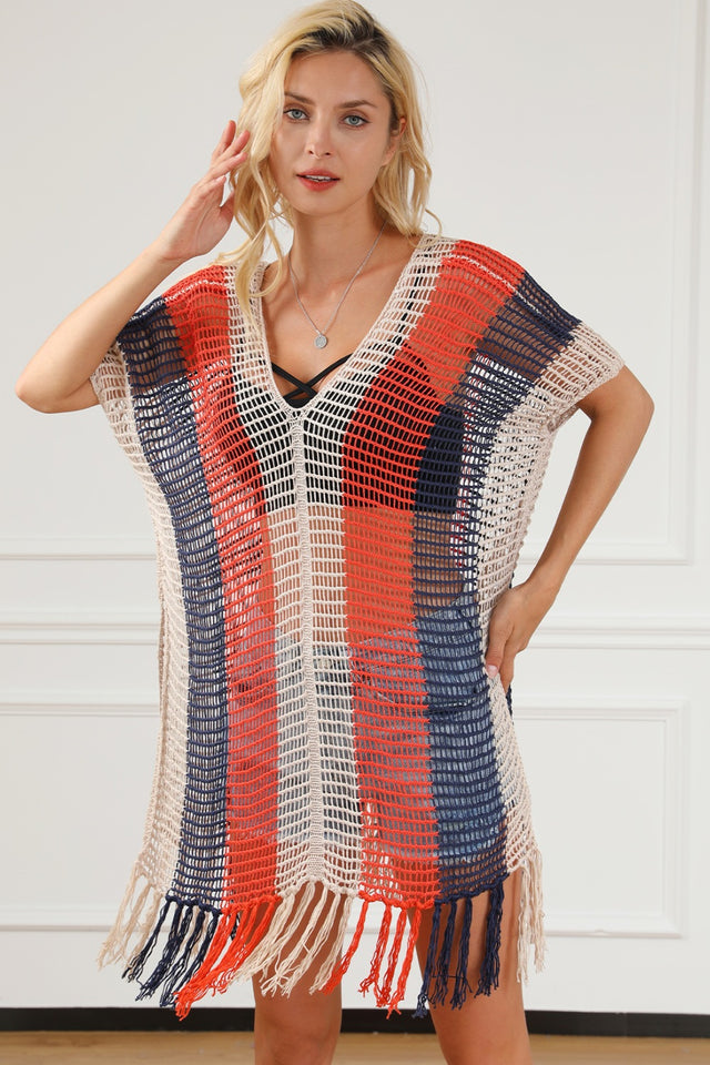 Tassel Color Block V-Neck Cover Up.