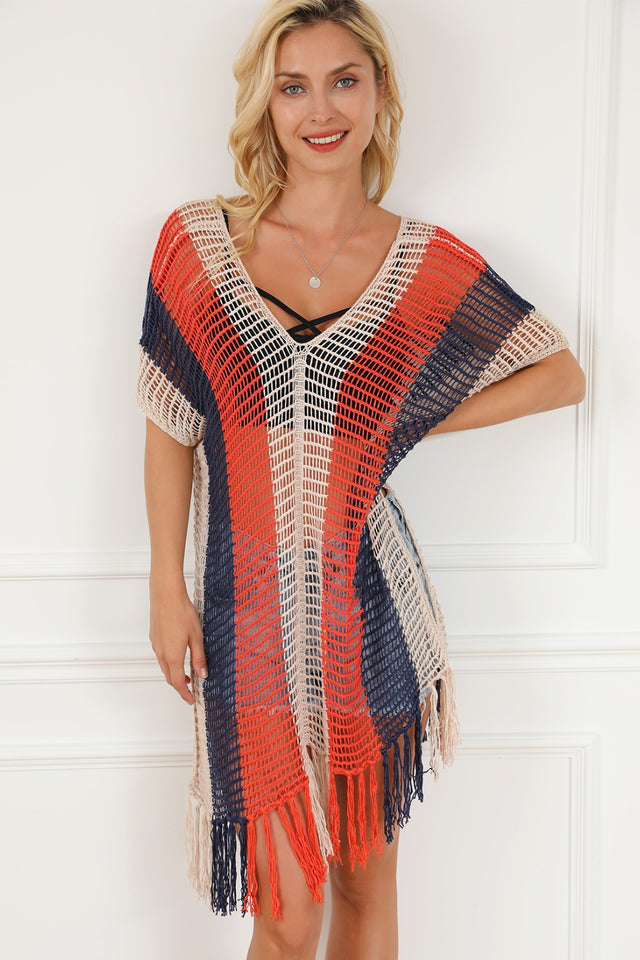 Tassel Color Block V-Neck Cover Up.
