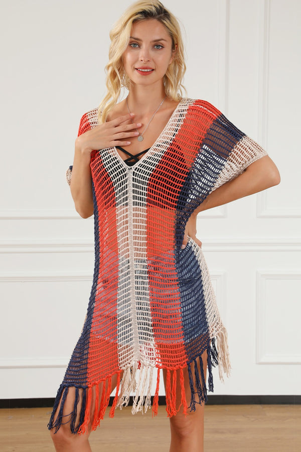 Tassel Color Block V-Neck Cover Up.