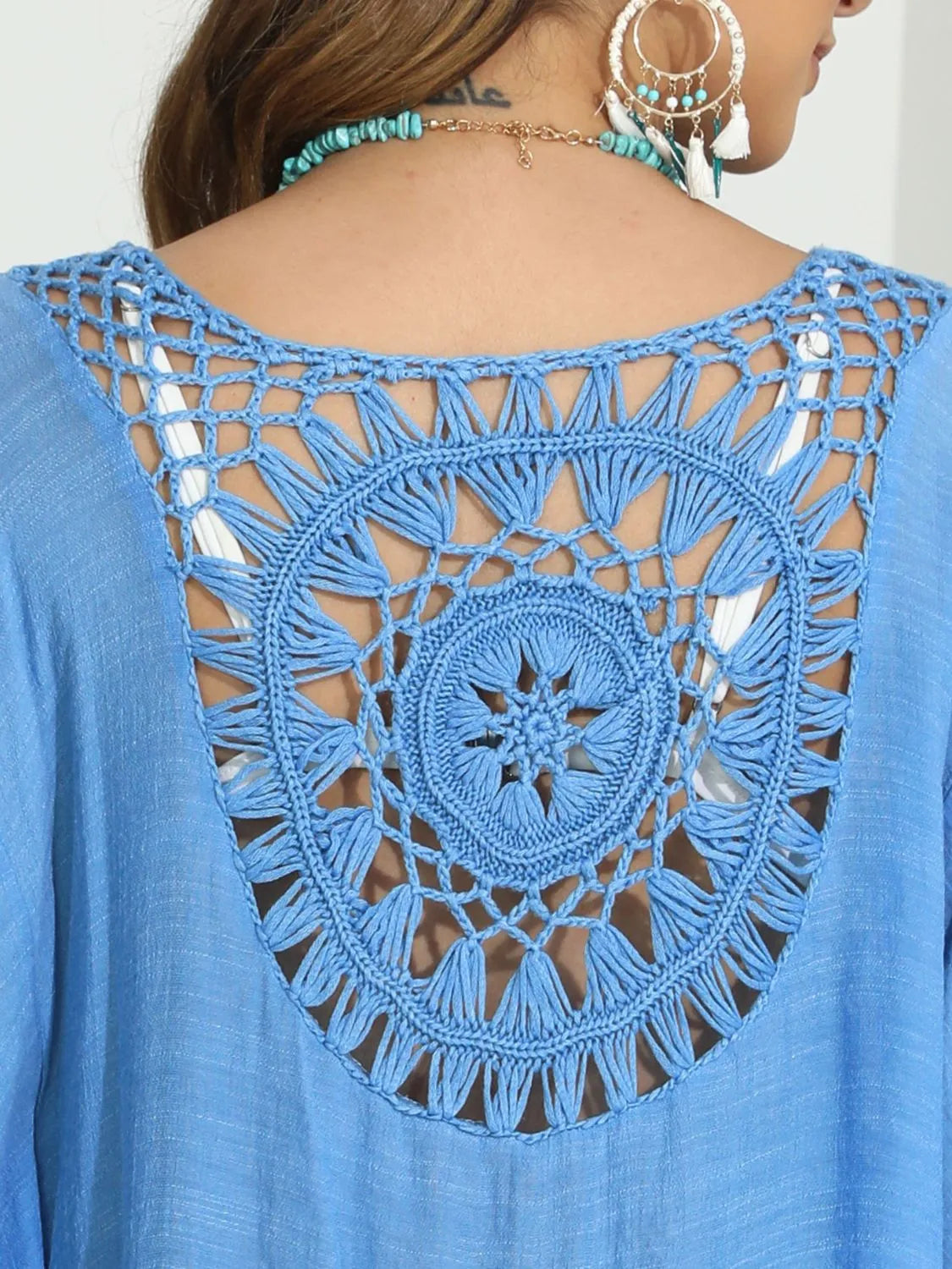 Tassel Crochet Round Neck Cover-Up with Cutout.