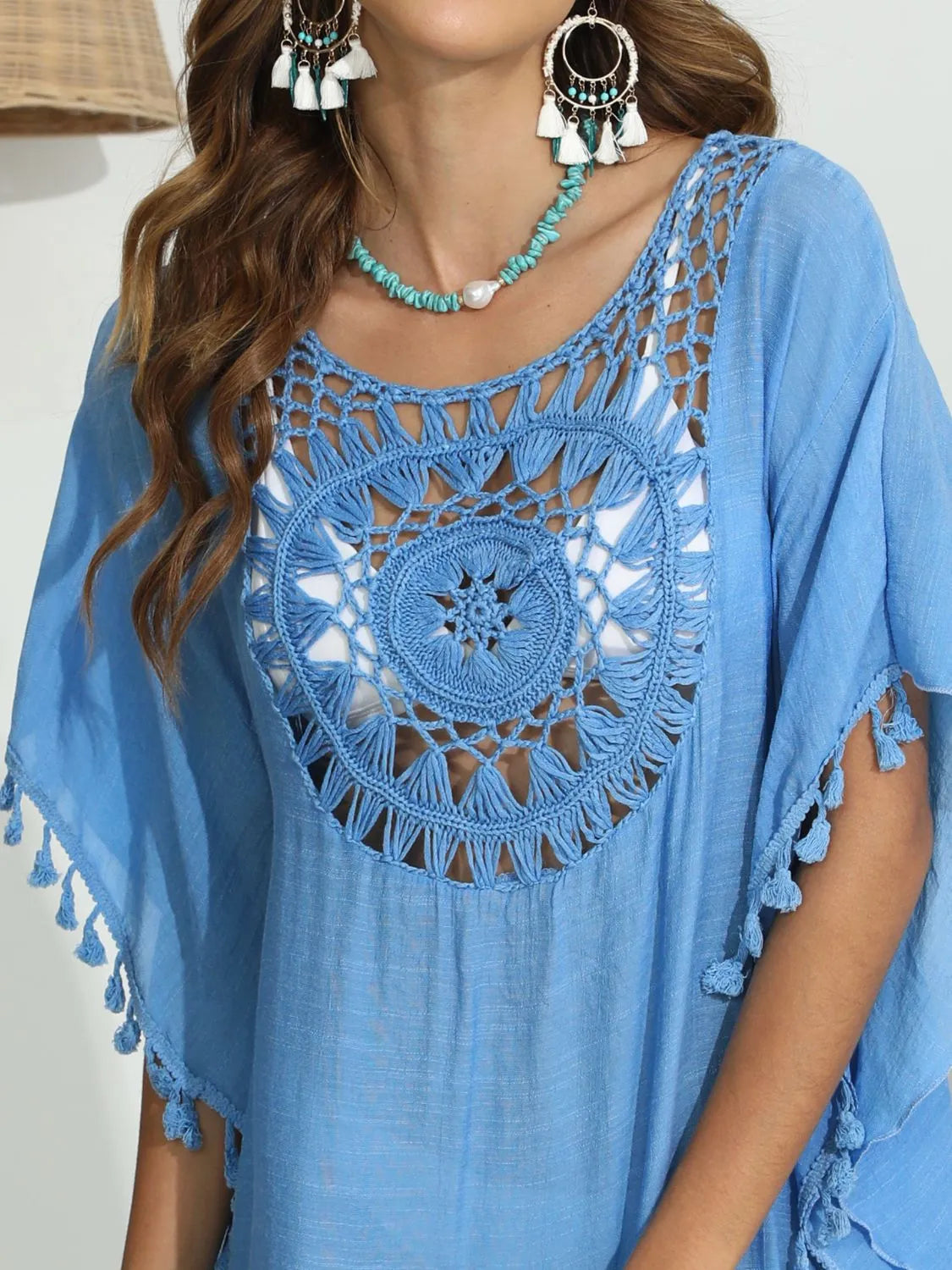 Tassel Crochet Round Neck Cover-Up with Cutout.