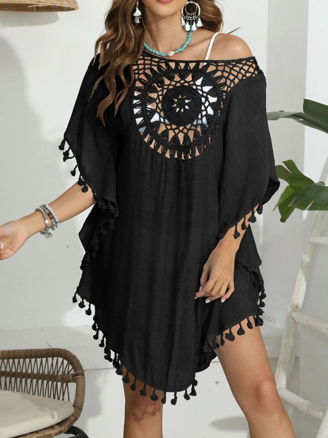 Tassel Crochet Round Neck Cover-Up with Cutout.