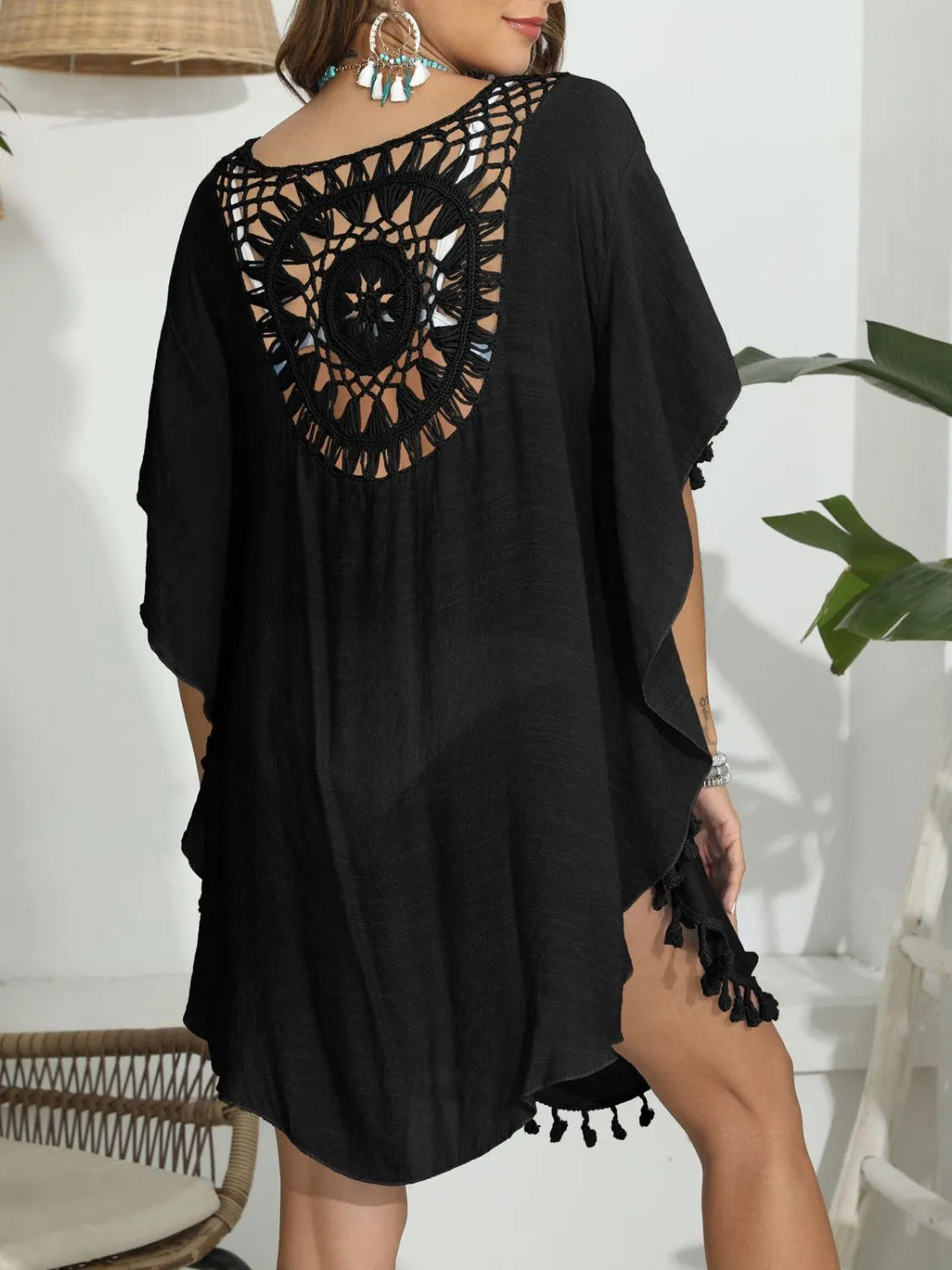 Tassel Crochet Round Neck Cover-Up with Cutout.