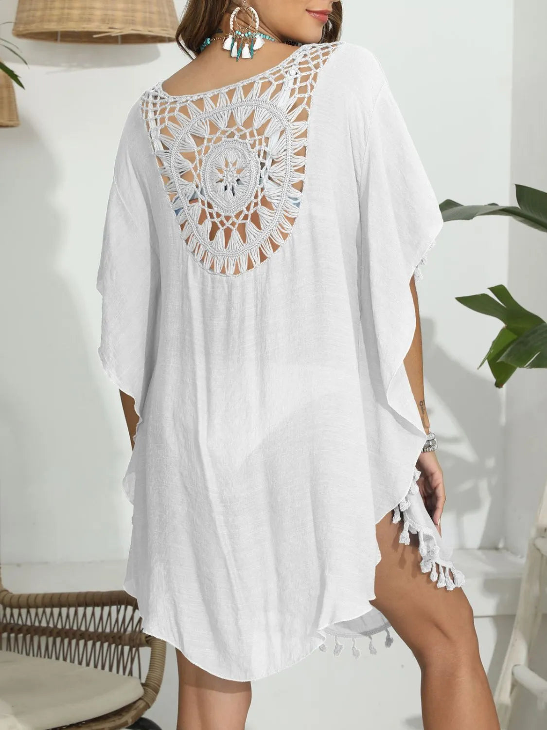 Tassel Crochet Round Neck Cover-Up with Cutout.