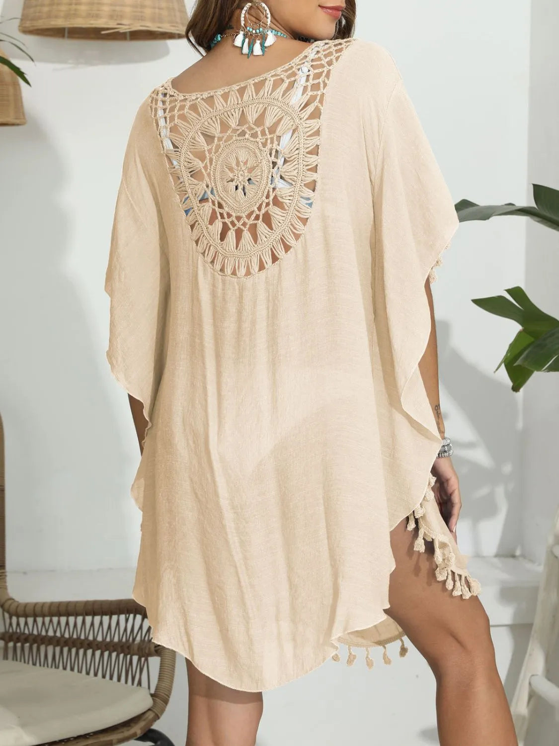 Tassel Crochet Round Neck Cover-Up with Cutout.
