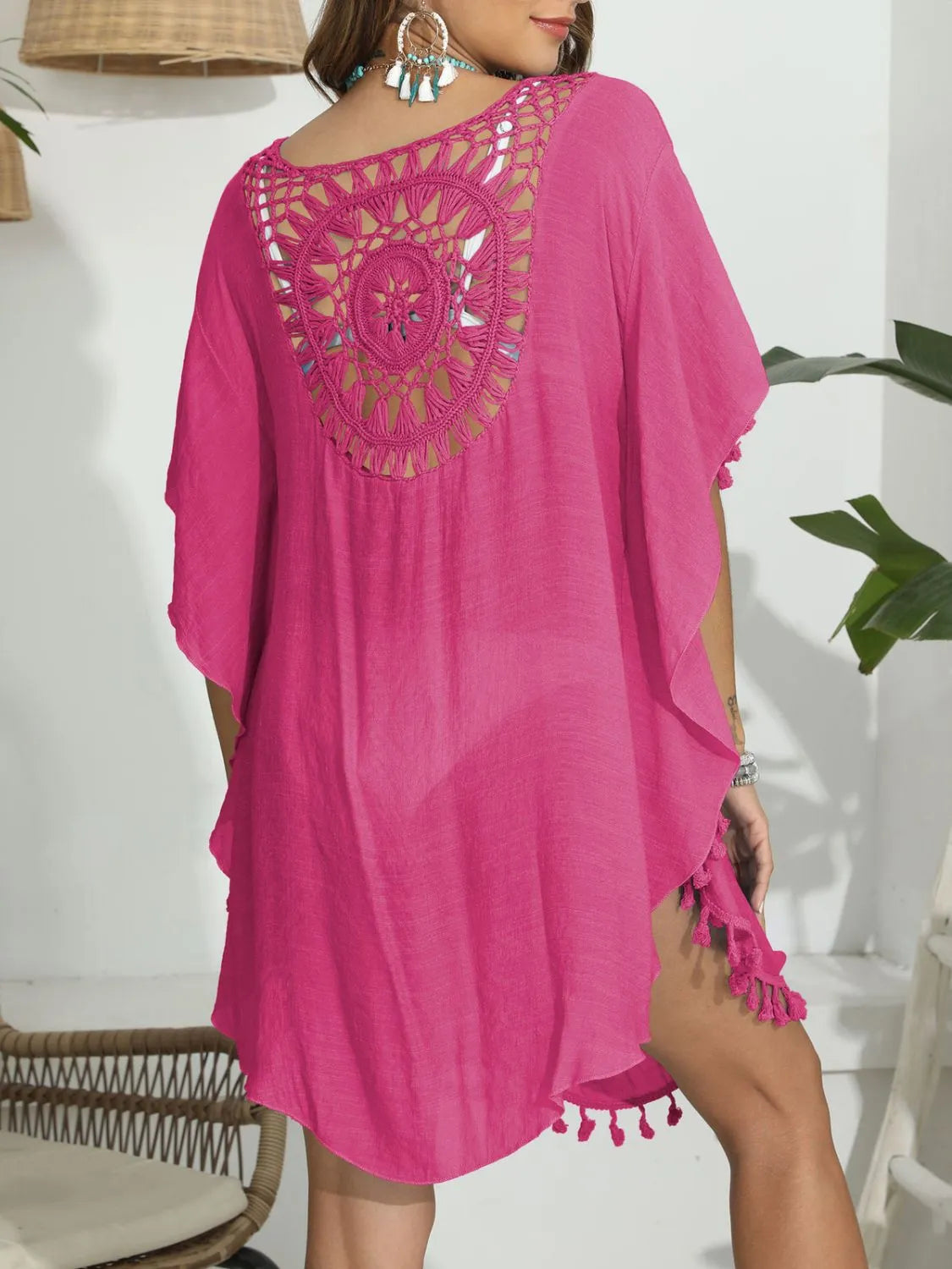 Tassel Crochet Round Neck Cover-Up with Cutout.