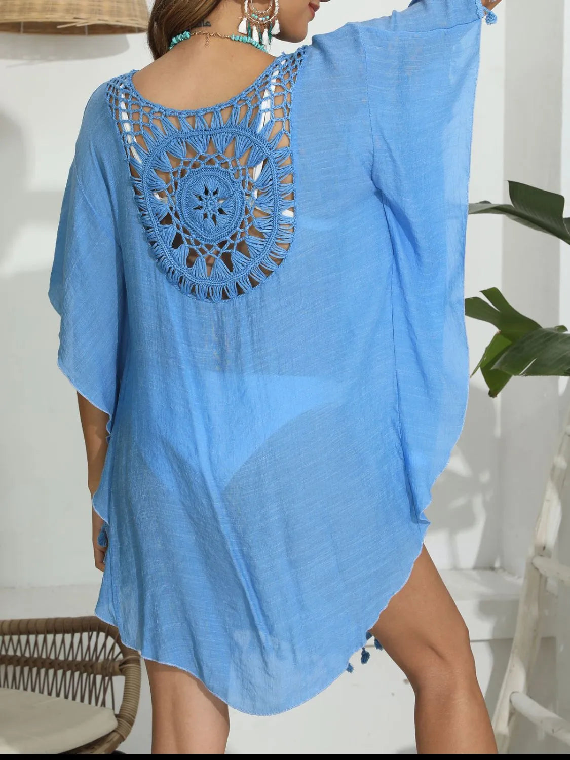 Tassel Crochet Round Neck Cover-Up with Cutout.