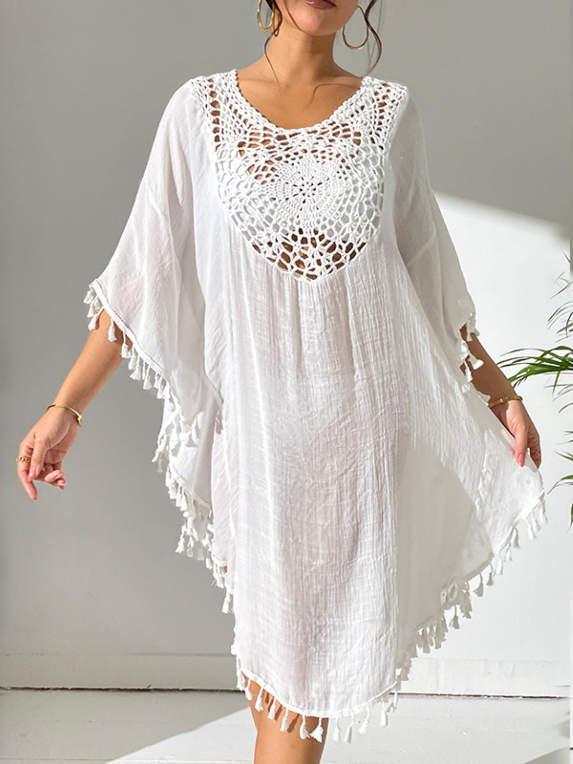 Tassel Cutout Scoop Neck Cover-Up Dress.