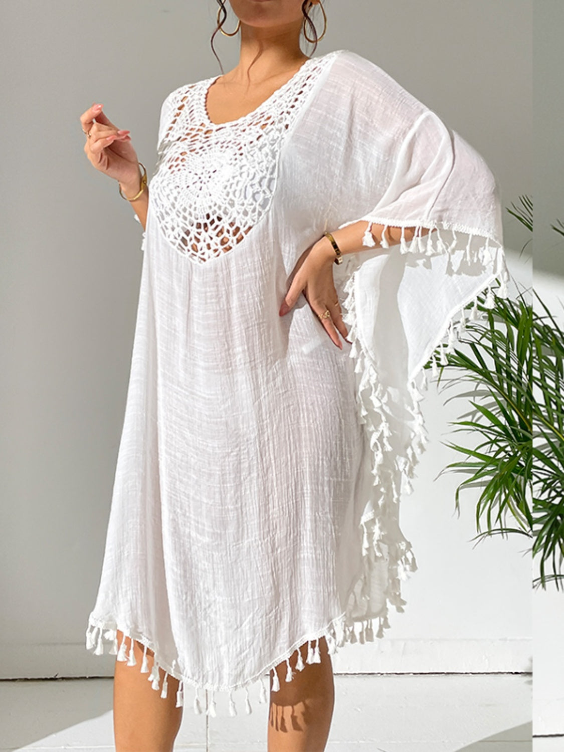 Tassel Cutout Scoop Neck Cover-Up Dress.