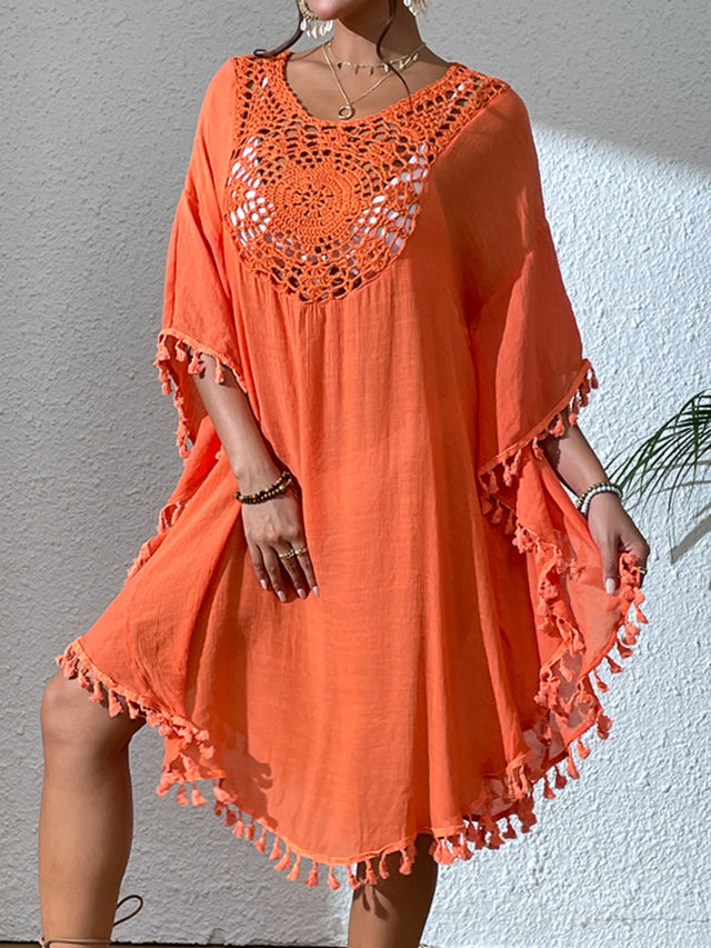 Tassel Cutout Scoop Neck Cover-Up Dress.