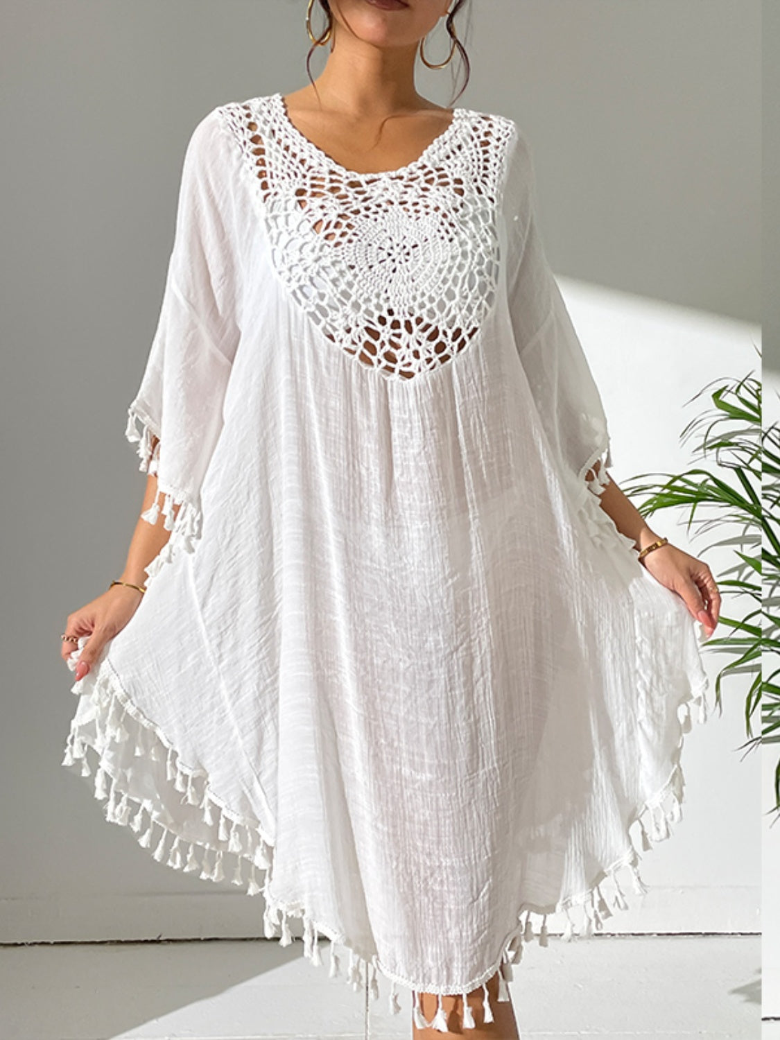 Tassel Cutout Scoop Neck Cover-Up Dress.