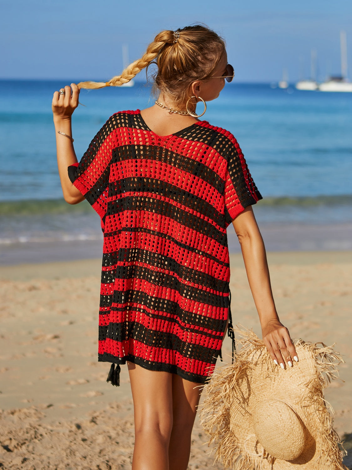 Angel Wings Tassel Openwork Striped V-Neck Cover Up.