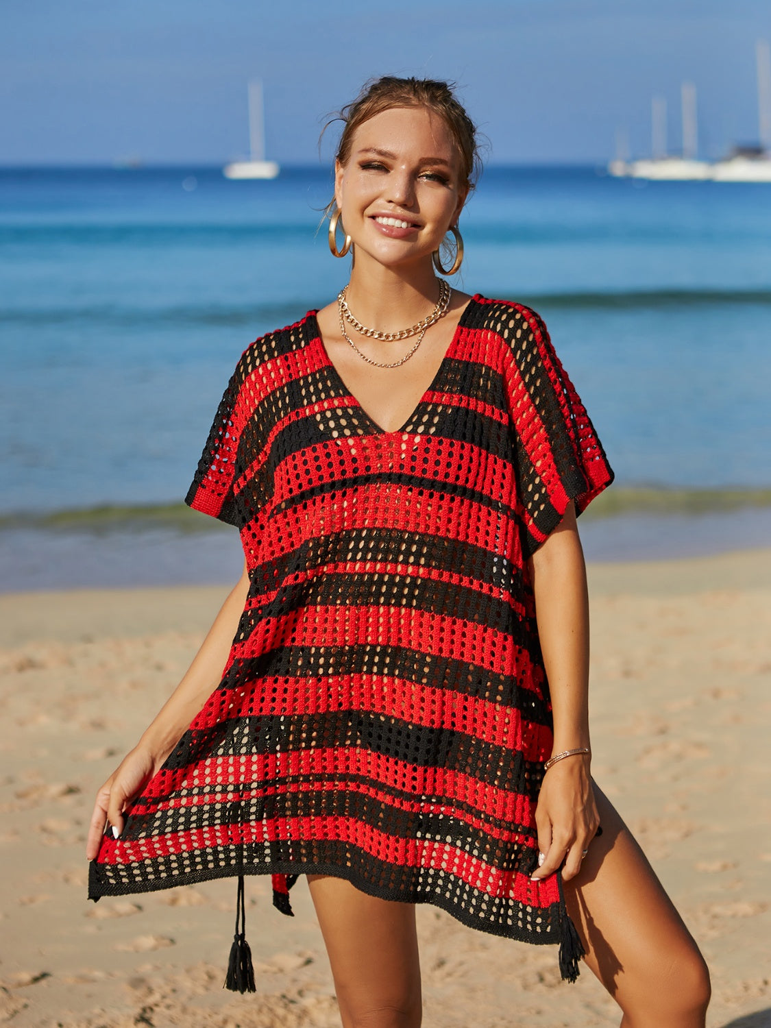 Angel Wings Tassel Openwork Striped V-Neck Cover Up.