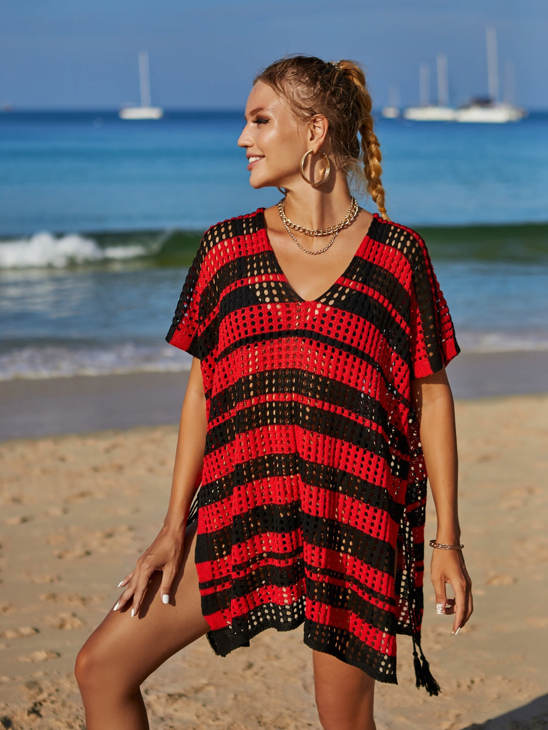 Angel Wings Tassel Openwork Striped V-Neck Cover Up.