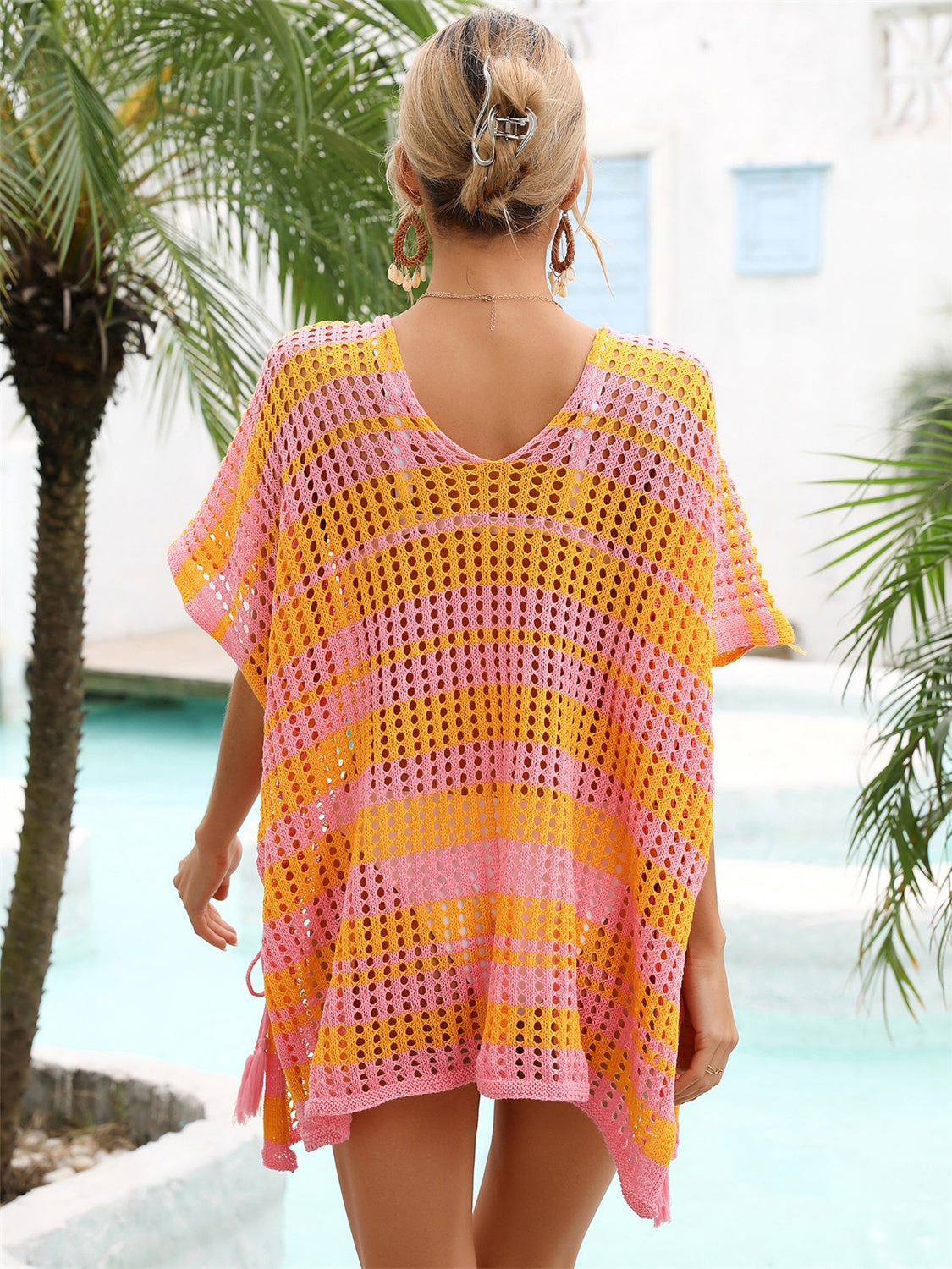 Angel Wings Tassel Openwork Striped V-Neck Cover Up.