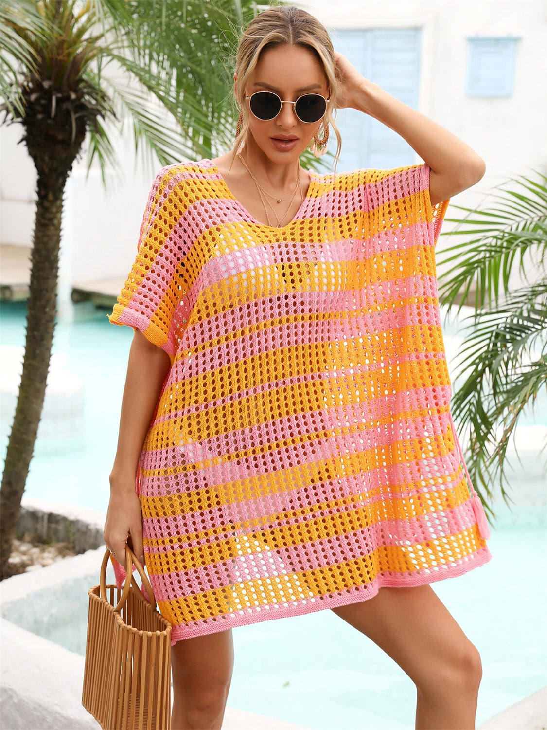 Angel Wings Tassel Openwork Striped V-Neck Cover Up.